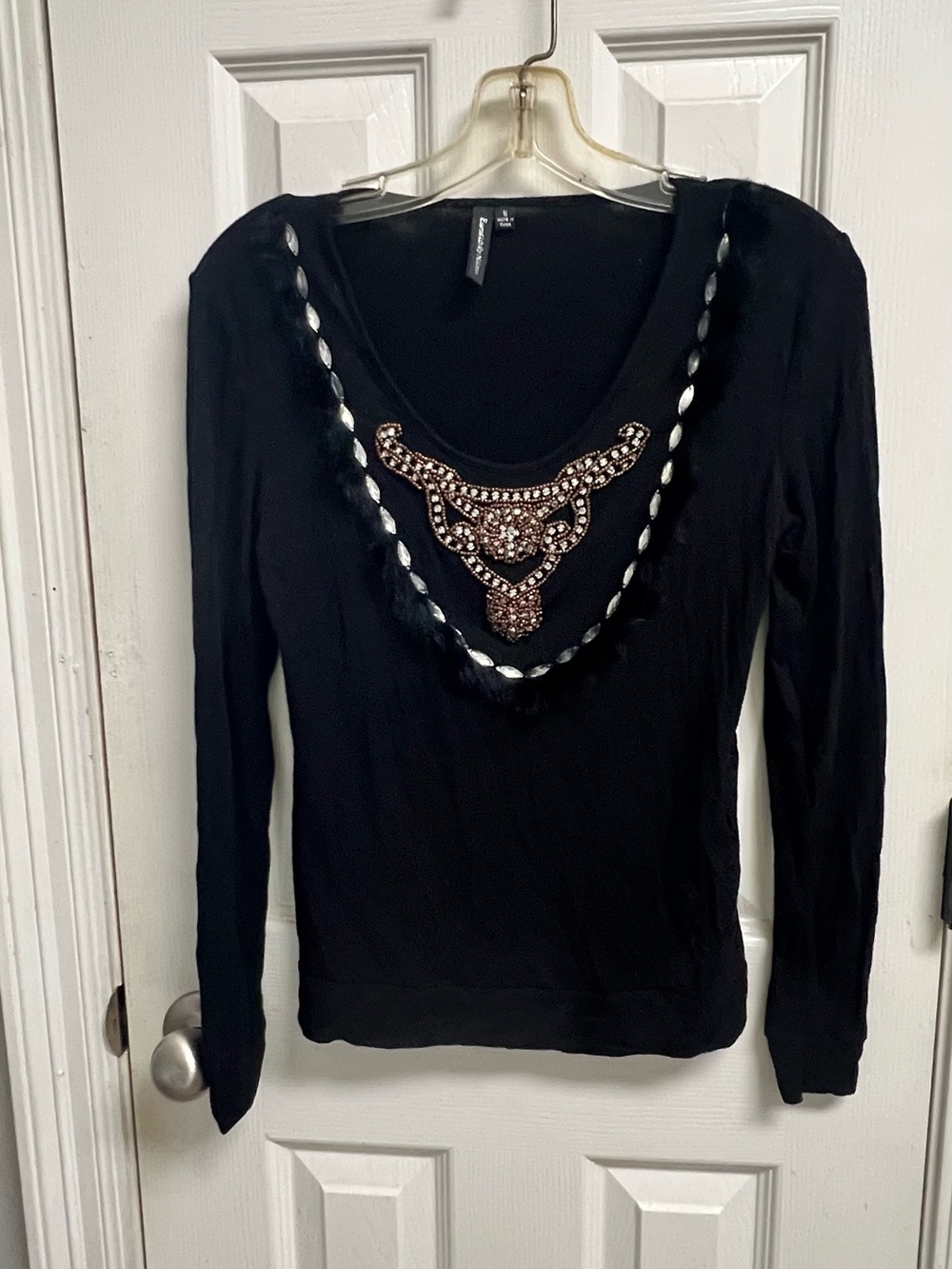 Essentials by Milano Black Long-Sleeve Top with Beaded Neckline